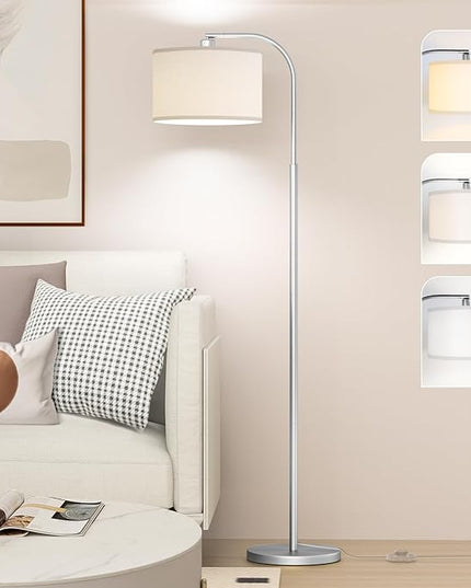 Arc Floor Lamps for Living Room with 3 Color Temperatures, Modern Floor Lamp Reading Light with 9W Bulb Included, Standing Lamp with Adjustable White Hanging Shade for Bedroom Office(Silver) - LeafyLoom