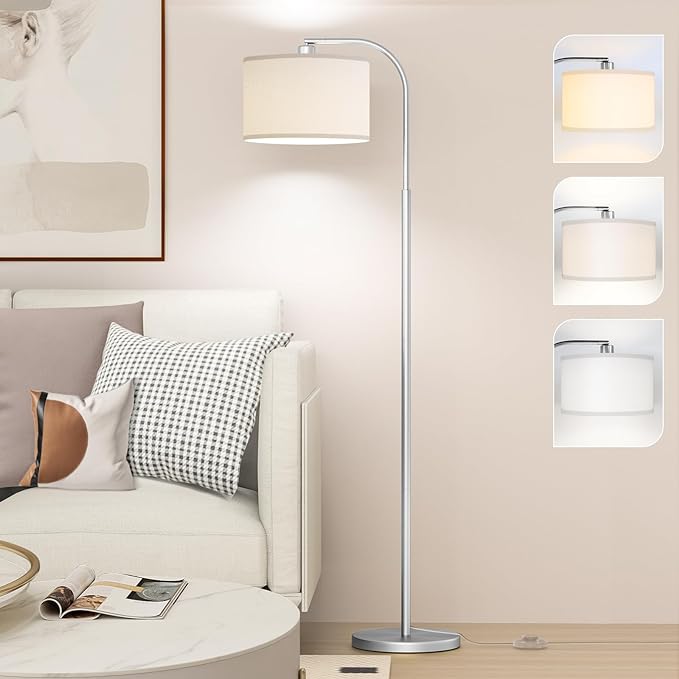 Arc Floor Lamps for Living Room with 3 Color Temperatures, Modern Floor Lamp Reading Light with 9W Bulb Included, Standing Lamp with Adjustable White Hanging Shade for Bedroom Office(Silver) - LeafyLoom