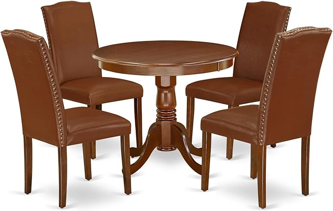 East West Furniture ANEN5-MAH-66 Antique 5 Piece Set Includes a Round Dining Room Table with Pedestal and 4 Brown Faux Leather Upholstered Parson Chairs, 36x36 Inch - LeafyLoom