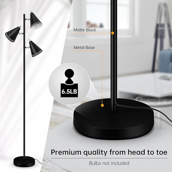 BoostArea Tree Floor Lamp with 3 Adjustable Rotating,Sturdy Industrial Floor Lamp,E26 Socket,Stand Up Tall Pole Lamps for Living Room, Bedroom, Home, Office(No Bulbs) - LeafyLoom