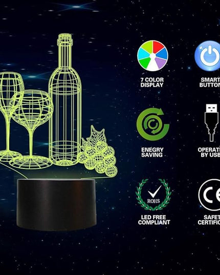 Wine Cup Bottle Night Light Touch Switch Table Desk 3D Optical Illusion Lamp, USB Powered 7 Color Changing Acrylic Flat Lights Birthday Gift Toys Home Bedroom Bedside Bar Decoration - LeafyLoom