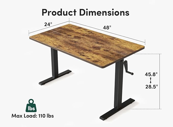 FEZIBO Crank Height Adjustable Desk, 48 Inches Manual Standing Desk, Writing Table with Handle, Home Office Desk with Black Frame/Rustic Brown Top - LeafyLoom