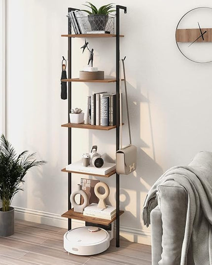 Industrial Bookshelf Wall Mounted 5-Tiers Ladder Shelf Wooden and Metal Narrow Thin Bookshelf Open Display Storage Rack for Living Room Bedroom Home Office (Rustic Brown, Small) - LeafyLoom