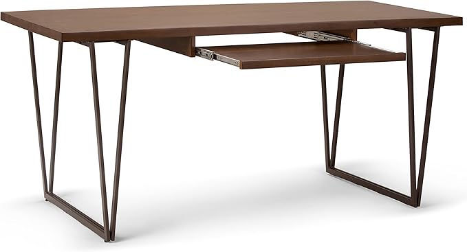 SIMPLIHOME Ryder SOLID WOOD and Metal 66 inch Wide Home Office Desk, Writing Table, Workstation, Study Table Furniture in Natural Aged Brown - LeafyLoom