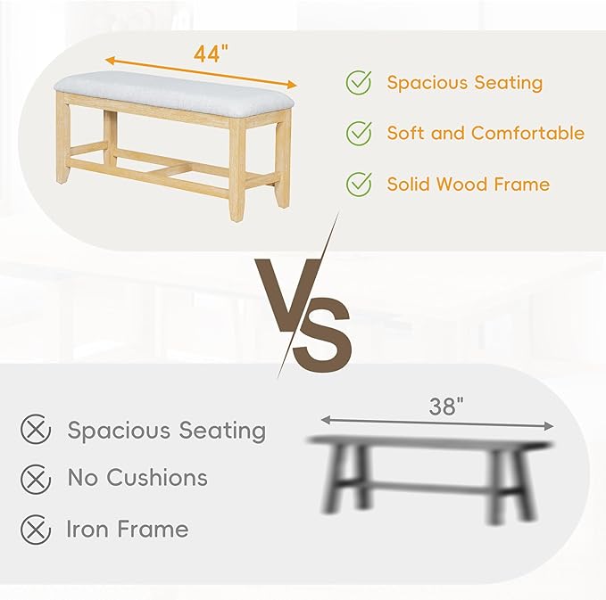 76Inch Dining Table Set for 6, Extendable Dining Table with 18inch Removable Leaf and Upholstered Dining Chair and Bench for Dining Room, Natural+Light Grey - LeafyLoom