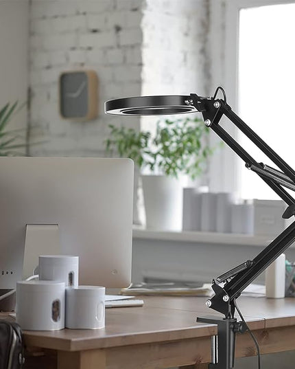 LED Magnifier Desk Lamp with Stand, 3 Color Modes & Stepless Dimming 5-Diopter Glass Lens, Adjustable Swivel Arm - Magnifying lamp for Close Work, Repair, Crafts, Reading - Long - LeafyLoom