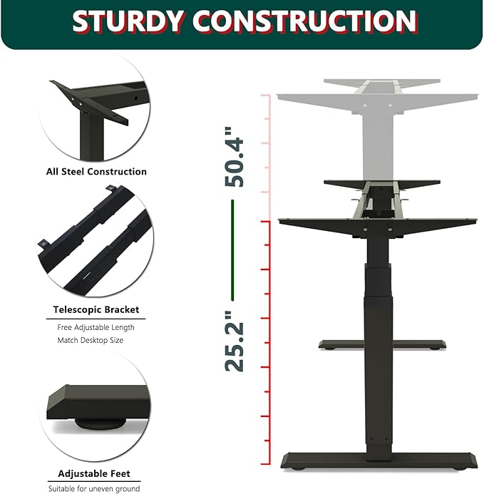 Standing Desk Frame Dual Motor- 3 Tier Heavy Duty Electric Desk Legs, Adjustable Desk Frame, Sit Stand Desk Frame, Black Frame - LeafyLoom