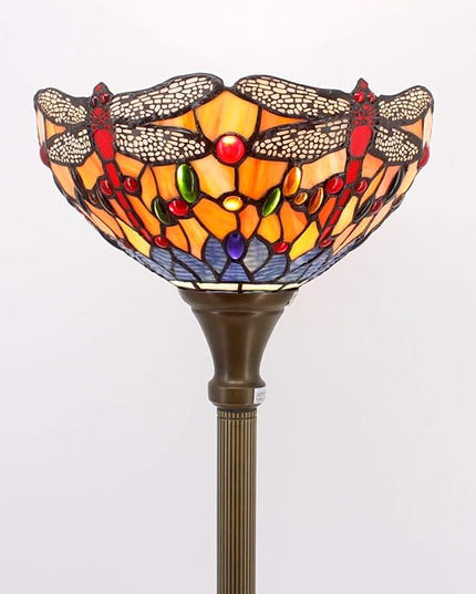 WERFACTORY Tiffany Floor Lamp Orange Blue Stained Glass Dragonfly Light 12X12X66 Inches Torchiere Standing Corner Torch Uplight Decor Bedroom Living Room Home Office S168 Series - LeafyLoom