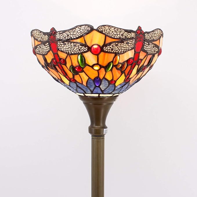 WERFACTORY Tiffany Floor Lamp Orange Blue Stained Glass Dragonfly Light 12X12X66 Inches Torchiere Standing Corner Torch Uplight Decor Bedroom Living Room Home Office S168 Series - LeafyLoom