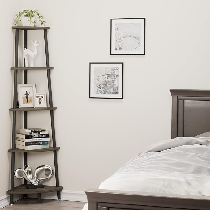 5-Tier Industrial Corner Shelf, Open Ladder Vintage Corner Bookshelf Stand, Wood and Metal Corner Bookcase, Leaning Modern Book Case for Office Home Living Room Bedroom Bathroom - Oak Gray - LeafyLoom
