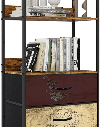 Vertical Bookshelf with 3 Drawers, Narrow Bookcase with Shelves, Wood Storage Organizer Cabinet, Metal Frame Display Standing Shelf Unit for Bedroom, Kitchen, Office - LeafyLoom