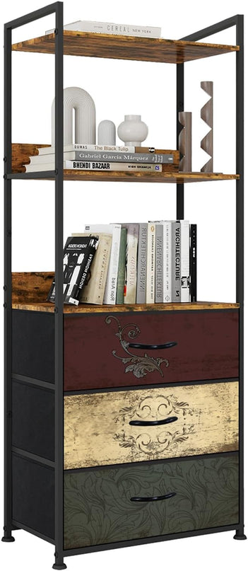Vertical Bookshelf with 3 Drawers, Narrow Bookcase with Shelves, Wood Storage Organizer Cabinet, Metal Frame Display Standing Shelf Unit for Bedroom, Kitchen, Office - LeafyLoom