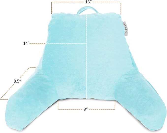 Clara Clark Reading Pillow for Kids, Small Back Pillow for Sitting Up in Bed, Memory Foam Back Support Pillow, Reading Pillows for Sitting in Bed, Light Blue Gaming Pillow with Arms and Pockets - LeafyLoom