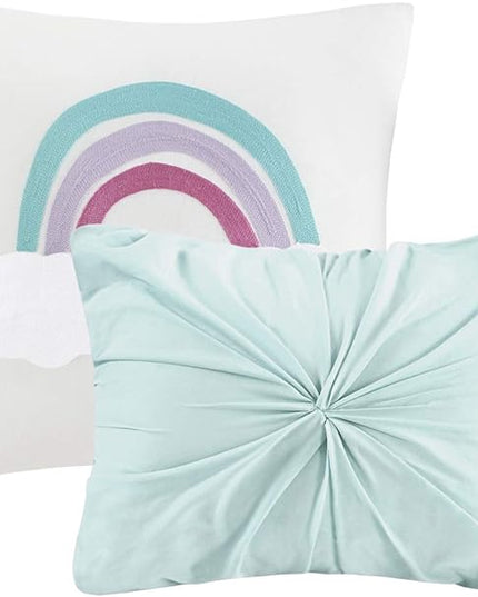 Callie Cotton Jacquard Weave Colorful Pom Pom Kids Comforter sets, Down Alternative Shabby Chic All Season Girls Bedding, Bedroom Decor, Full/Queen,Aqua 5 Piece - LeafyLoom