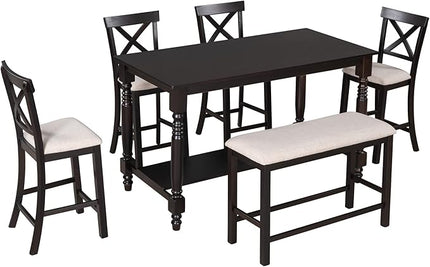 Kitchen 6-Piece Counter Height Set Table with Shelf 4 Chairs and Bench for Dining Room, Espresso - LeafyLoom