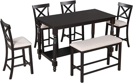 6-Piece Wood Counter Height Dining Set, Rectangular Table with Shelf, 4 Chairs and Bench for Kitchen, Breakfast Nook, Living Room, Espresso, 60" L x 29.5" W x 36" H - LeafyLoom