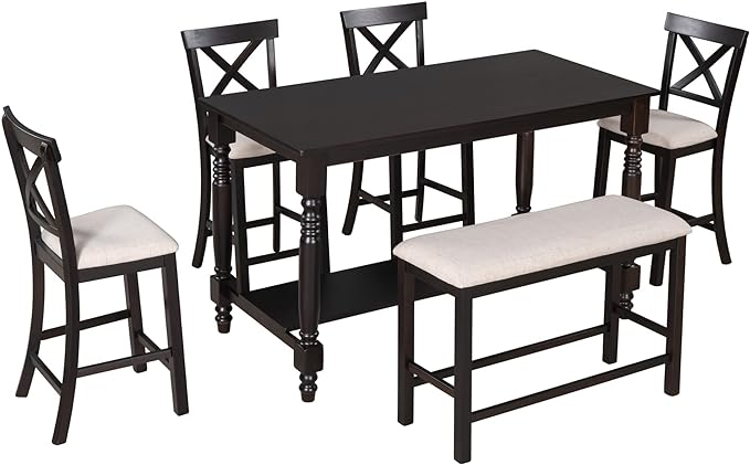 6-Piece Wood Counter Height Dining Set, Rectangular Table with Shelf, 4 Chairs and Bench for Kitchen, Breakfast Nook, Living Room, Espresso, 60" L x 29.5" W x 36" H - LeafyLoom