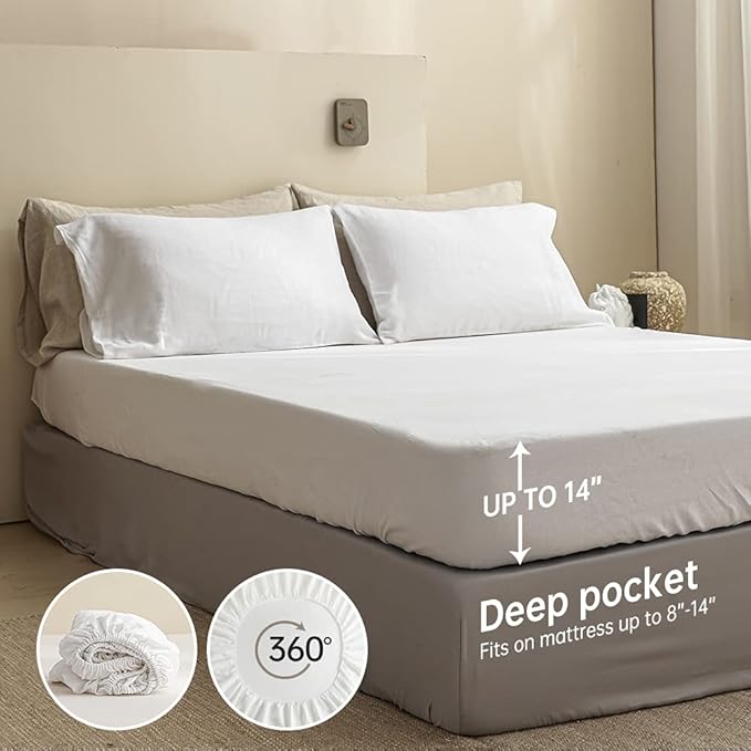 Simple&Opulence 100% Linen Sheet Set Solid Color-4 Pcs Washed French Linen Bed Sheets(1 Flat Sheet,1 Fitted Sheet,2 Pillowcases)-Breathable Bedding Set (White, Queen) - LeafyLoom