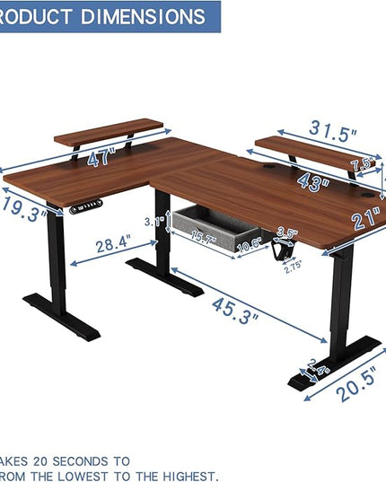 62x47 Inches L Shaped Electric Standing Desk with Drawer, Adjustable Height Sit Stand Up Desk with Storage Shelf, Dark Walnut Top/Black Frame - LeafyLoom