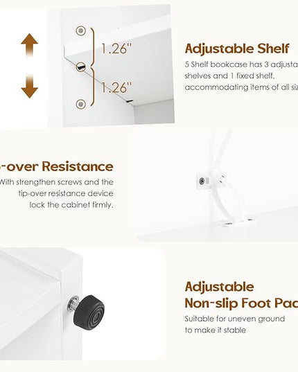 Soohow White Bookcase,Bookshelf for Bedroom,60 inches Tall Wood Book case Book Shelves,5 Shelf Book Shelves for Living Room Office - LeafyLoom