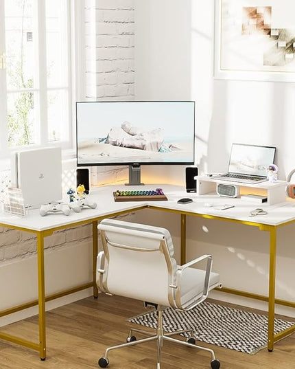 Elephance 59" L Shaped Desk Corner Computer Desk Gaming Table with Monitor Stand Workstation for Home Office (Large, White+ Gold Frame) - LeafyLoom