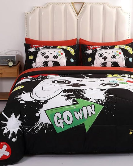 Wajade Kids Game Comforter Set Bed in A Bag Full Size 7 Piece 3D Colorful Video Game Controller Bedding Set for Boys Girls (1 Comforter, 1 Flat Sheet, 1 Fitted Sheet, 2 Pillowcase and 2 Pillow Sham) - LeafyLoom