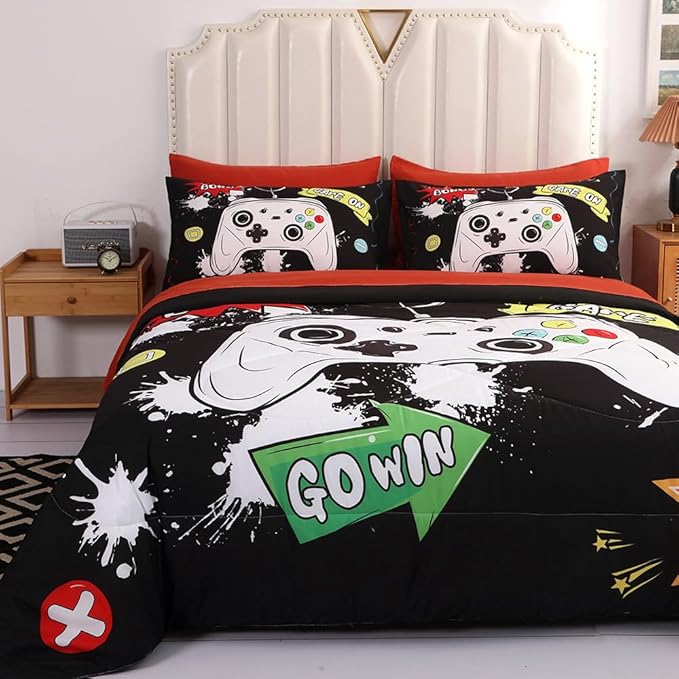 Wajade Kids Game Comforter Set Bed in A Bag Queen Size 7 Piece 3D Colorful Video Game Controller Bedding Set for Boys Girls (1 Comforter, 1 Flat Sheet, 1 Fitted Sheet, 2 Pillowcase and 2 Pillow Sham) - LeafyLoom