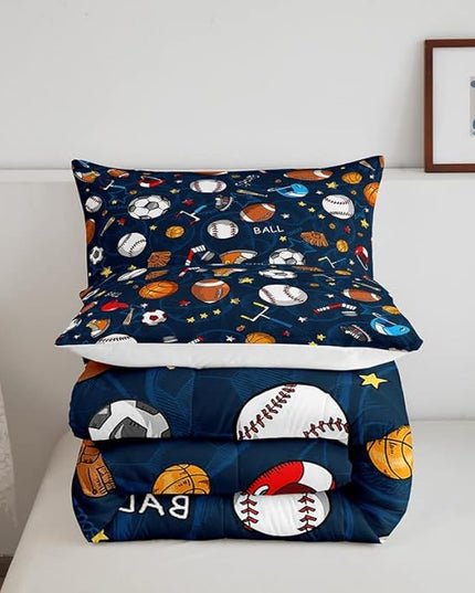 Feelyou Sports Theme Comforter Set 3D Blue Ball Bedding Set Baseball Football Basketball Comforter for Children Kids Boys Girls Microfiber Competitive Games Duvet Set Room Decor Quilt Set Queen Size - LeafyLoom