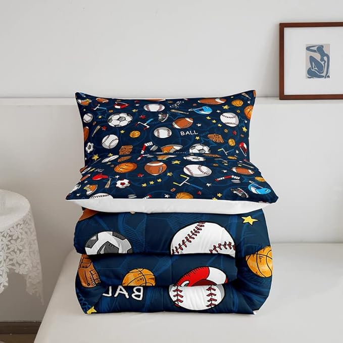 Feelyou Sports Theme Comforter Set 3D Blue Ball Bedding Set Baseball Football Basketball Comforter for Children Kids Boys Girls Microfiber Competitive Games Duvet Set Room Decor Quilt Set Queen Size - LeafyLoom