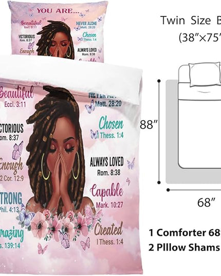 Twin Size Comforter Set with Powerful Quotes from Girls,3 Pieces Featuring African-American Girl - Ideal Gift Bedding for Teens and Women Pink White - LeafyLoom