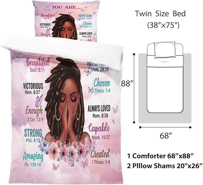 Twin Size Comforter Set with Powerful Quotes from Girls,3 Pieces Featuring African-American Girl - Ideal Gift Bedding for Teens and Women Pink White - LeafyLoom