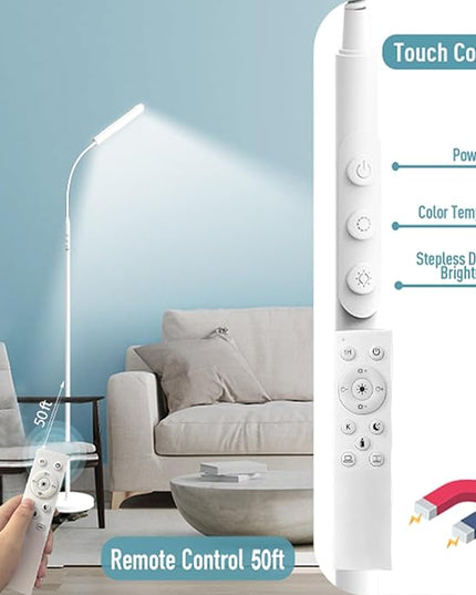 Floor Lamp White, Upgrade 18W 1800LM Super Bright LED Floor Lamp with Remote, Dimmable Timing Eye Caring Reading Light Modern Standing Floor Lamp for Living Room Bedroom Office - LeafyLoom