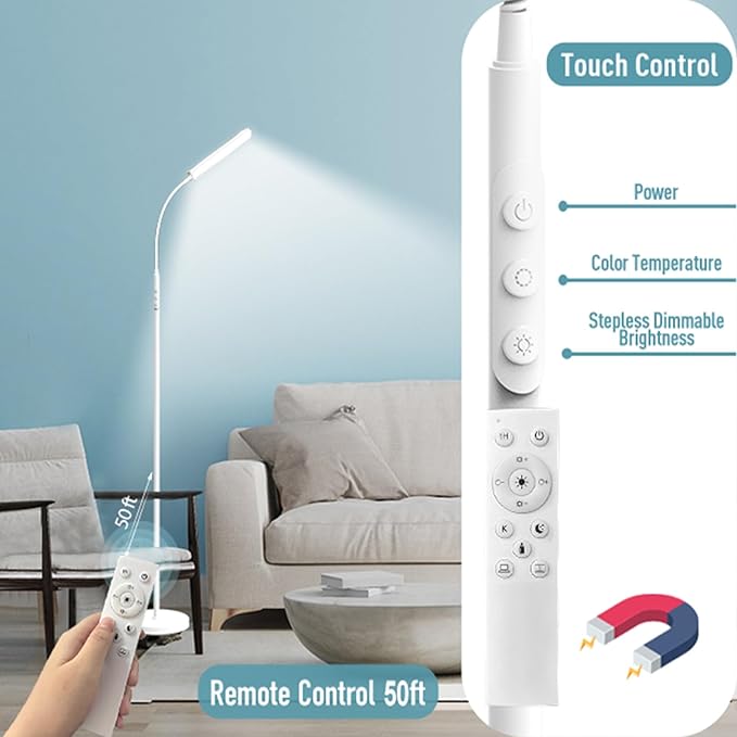 Floor Lamp White, Upgrade 18W 1800LM Super Bright LED Floor Lamp with Remote, Dimmable Timing Eye Caring Reading Light Modern Standing Floor Lamp for Living Room Bedroom Office - LeafyLoom