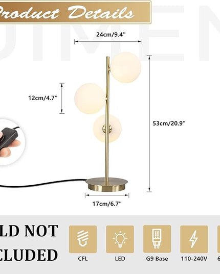 Modern Glass Globe Table Lamp 3 Lights Mid Century Small Gold Desk Lamp Contemporary Minimalist Brass Bedside Table Lamps with White Glass Shade Reading Lamp for Bedroom Office G9 MTL03-W - LeafyLoom