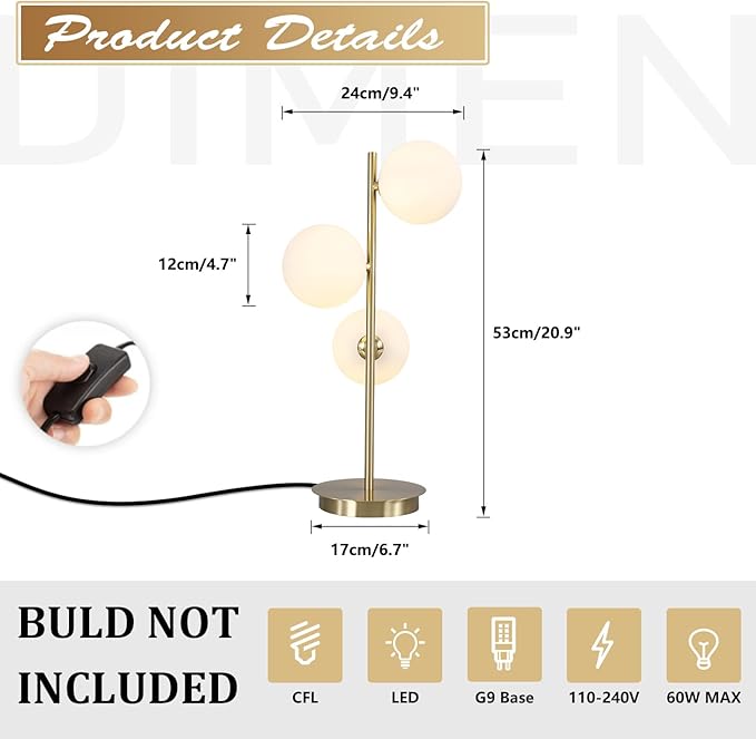 Modern Glass Globe Table Lamp 3 Lights Mid Century Small Gold Desk Lamp Contemporary Minimalist Brass Bedside Table Lamps with White Glass Shade Reading Lamp for Bedroom Office G9 MTL03-W - LeafyLoom