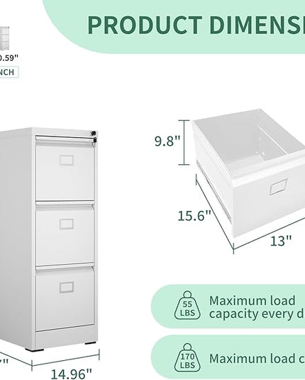 3 Drawer File Cabinet, Metal Vertical File Cabinets with Lock for Home Office, Office Steel Filing Cabinet for Hanging Files for A4/ Legal/Letter,Assembly Required (White) - LeafyLoom