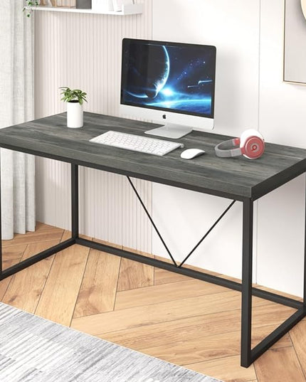 55 inch Computer Desk, Vintage Work Desk for Home Office, Rustic Wood and Metal Study Writing Table, Grey - LeafyLoom