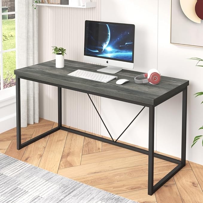 55 inch Computer Desk, Vintage Work Desk for Home Office, Rustic Wood and Metal Study Writing Table, Grey - LeafyLoom