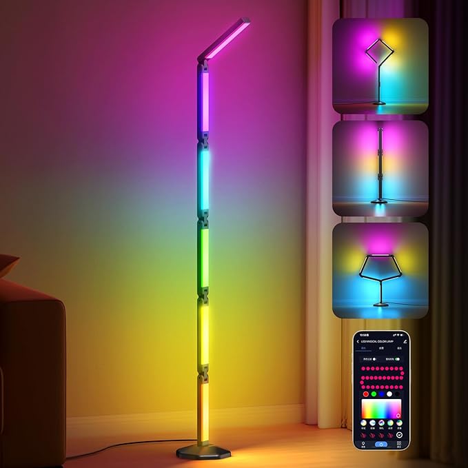 bedee LED Corner Floor Lamp: DIY Shaped RGB Floor Lamp with Music Sync and Timing, Modern 16 Million Color Changing Standing Light with Smart Remote & App Control for Living Room Gaming Room Bedroom - LeafyLoom