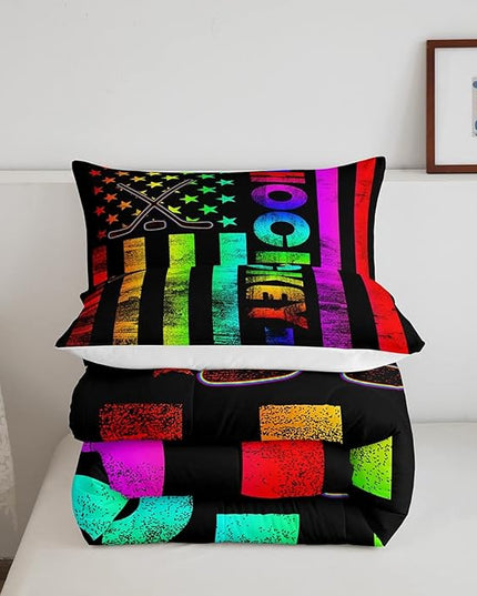 Erosebridal Boys Ice Hockey Bedding Set King Neon Rainbow American Flag Comforter Set for Kids Teen,Winter Sports Games Bed Comforter Set Retro Colorful Stripes Stars Quilt Duvet 2 Pillow Cases Black - LeafyLoom