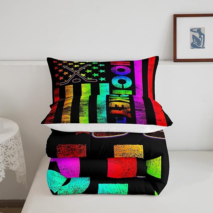 Erosebridal Boys Ice Hockey Bedding Set King Neon Rainbow American Flag Comforter Set for Kids Teen,Winter Sports Games Bed Comforter Set Retro Colorful Stripes Stars Quilt Duvet 2 Pillow Cases Black - LeafyLoom