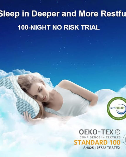Anvo Memory Foam Pillow, Neck Contour Cervical Orthopedic Pillow for Sleeping Side Back Stomach Sleeper, Ergonomic Bed Pillow for Neck Pain - Blue White, Soft - LeafyLoom