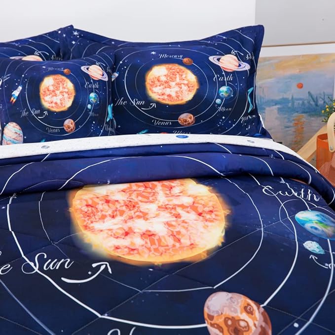 ADASMILE A & S Solar System Comforter Set Twin Outer Space Comforter for Kids 6 Pcs Bed in A Bag Twin Comforter Set for Boys Space Bed Set Galaxy Comforter with Star Moon Sheets for Kids Home Decor - LeafyLoom