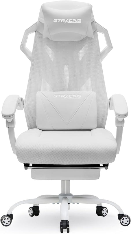 GTRACING Gaming Chair, Computer Chair with Mesh Back, Ergonomic Gaming Chair with Footrest, Reclining Gamer Chair with Adjustable Headrest and Lumbar Support for Gaming and Office (White) - LeafyLoom