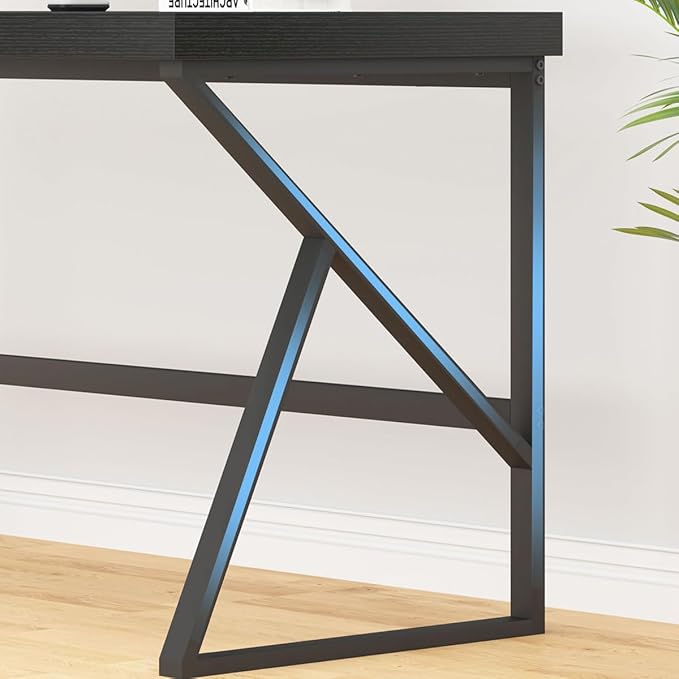 HSH Black Computer Desk, Long Home Office Laptop PC Desk, Large Industrial Metal Wood Executive Writing Gaming Workstation Desk, Modern Simple Student Study Work Table for Bedroom Living Room, 60 Inch - LeafyLoom
