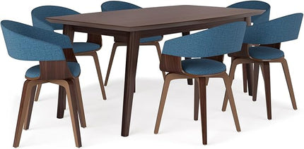 SIMPLIHOME Lowell / Draper Mid Century Modern 7 Pc Dining Set with 6 Upholstered Bentwood Dining Chairs in Blue Linen Look Fabric and 66 Inch Wide Table, For the Dining Room and Kitchen - LeafyLoom