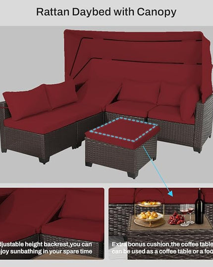 6 PCS Outdoor Patio Furniture Set,Sectional Sofa Set,Rattan Daybed with Retractable Canopy,Adjustable Backrest,Storage Coffee Table,Chaise Chair Sunbed for Porch Garden Poolside Backyard(Red) - LeafyLoom