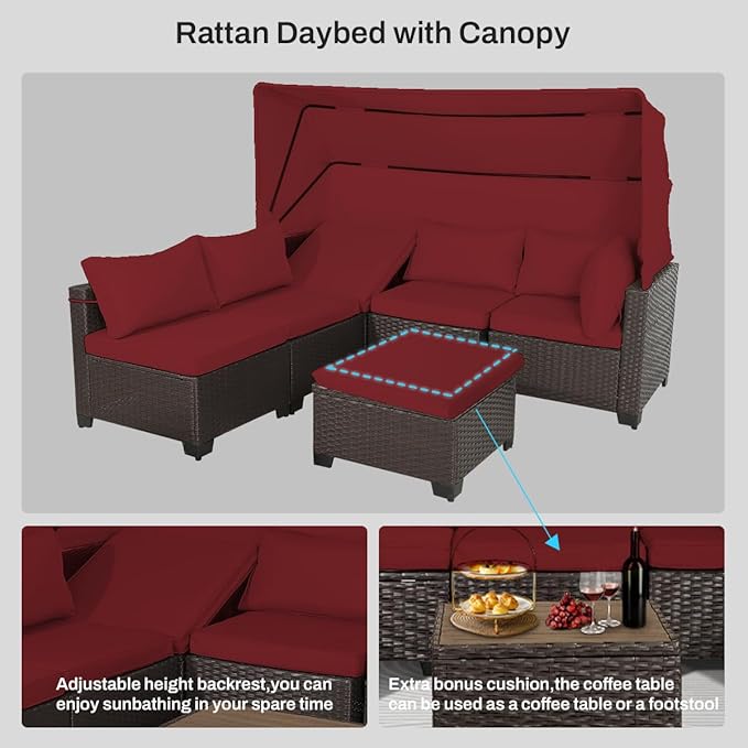 6 PCS Outdoor Patio Furniture Set,Sectional Sofa Set,Rattan Daybed with Retractable Canopy,Adjustable Backrest,Storage Coffee Table,Chaise Chair Sunbed for Porch Garden Poolside Backyard(Red) - LeafyLoom