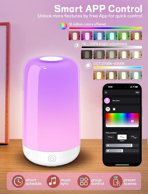 Smart Touch Bedside Table Lamp [Multi-Color & Warm Lights], 3600mA Cordless Small Table Lamp Rechargeable, 7 Colors & Fully Dimmable LED Night Lights for Bedroom Nightstand Nursery Living Room - LeafyLoom