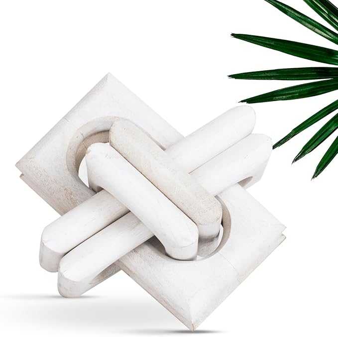 Wood Knot Decor Entry Table Boho Shelf Decor 6 Link Interlock Coffee Table Decor for Living Room and Modern Farmhouse Hand Crafted Distressed White Mango Wood Console Table Decor (White) - LeafyLoom